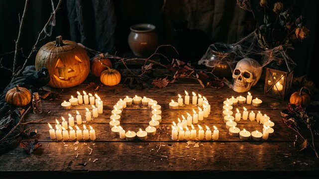 Burning candles spelling 2026 with jack o lanterns and human skull on wooden table. Gothic autumn decor creating spooky holiday atmosphere. Halloween 2026 festival celebration concept.