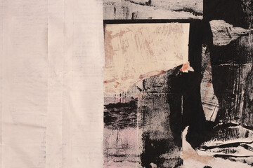 Torn, ripped blot crack crumble frame fabric, paper pieces, ink painting smear brush stroke collage. Black, beige white copy space ragged grunge relief texture Poster background.