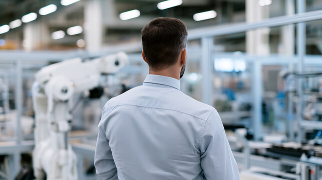 Engineer man observe modern industrial robotic arm automated machine in smart factory production assembly line workplace technology career view