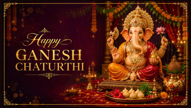 Happy Ganesh Chaturthi Festival Background with Lord Ganesha and Modaks
