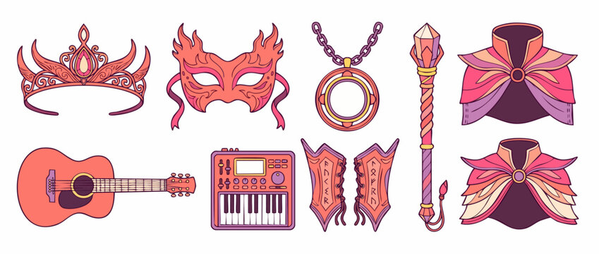 Fantasy RPG Magic Equipment Vector set featuring crown, masquerade mask, magical crystal staff, runic bracers, collar mantle, acoustic guitar, synth keyboard, and pendant isolated on white background.