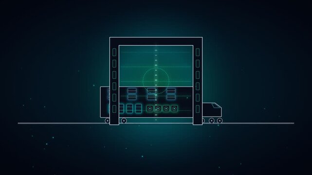 Futuristic digital cargo truck scanning system concept in glowing green lines