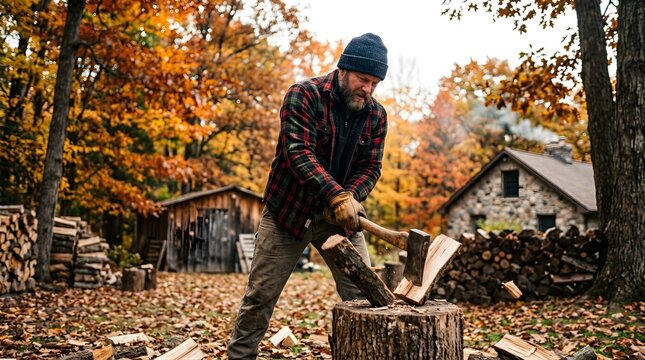 Bearded man splitting wood with an axe in a forest during autumn