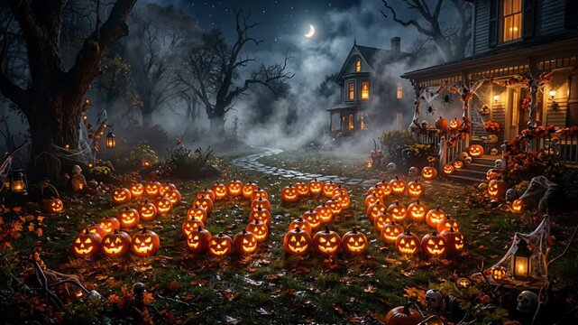 Glowing carved jack o lanterns spelling 2026 on spooky suburban lawn at night. Haunted house background with eerie fog and autumn atmosphere. Halloween 2026 celebration and holiday countdown concept.