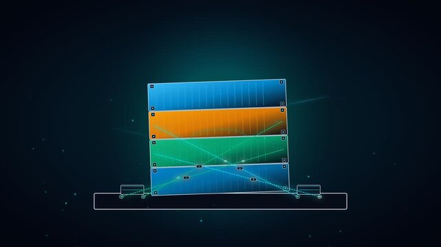 Abstract digital data layers stacked together on dark background representing modern technology and information systems