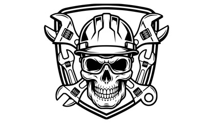 Fototapeta premium Industrial skull helmet safety glasses wrench mechanic emblem vector