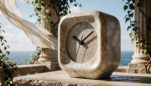 Square-shaped clock white marble-like texture face square shape has black hands numbers placed stone surface o