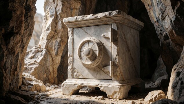Old weathered stone safe middle rocky cave rectangular shape appears made light-colored possibly marble has ro
