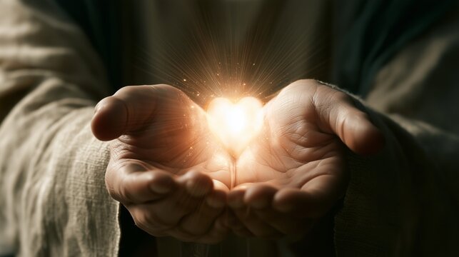 Jesus Christ holds a glowing heart in his hands, symbolizing love and compassion for humanity at a moment of connection