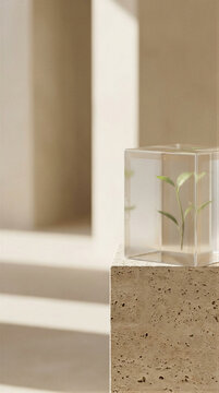 Green plant sprout inside transparent glass cube with circuit lines on stone pedestal. Fusion of technology and nature. Sustainable innovation and eco friendly business concept