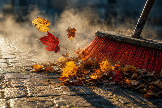 Broom Sweeping Wet Autumn Leaves from Pavement &ndash; Seasonal Outdoor Maintenance