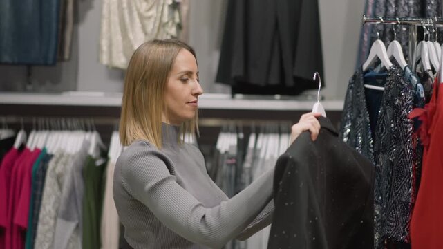 Close up of woman examining black sequined garment in clothing store holding it and inspecting details. Background shows racks of various colored garments including red pink blue green white