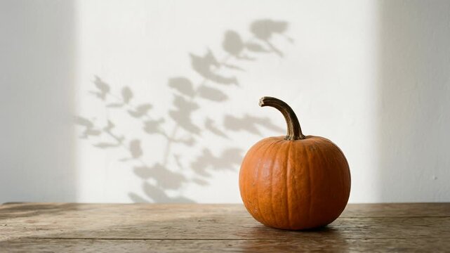 Small orange pumpkin resting on rustic wooden table against white wall. Minimalist autumn decor with soft natural leaf shadows. Halloween 2026 seasonal celebration and holiday spirit concept.