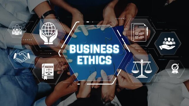 Collaborative Hands Surrounding a Central Symbol of Business Ethics with Icons Representing Integrity, Compliance, and Professional Standards in a Corporate Environment Sigmoid