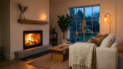 Obraz premium Cozy Modern Living Room Interior with Warm Fireplace at Twilight