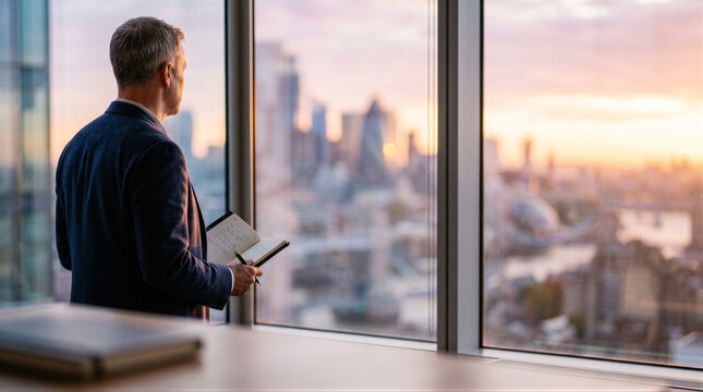 Mature businessman with notebook looking at city skyline through office window at sunset. Business planning, strategy and leadership concept. Thinking about future goals