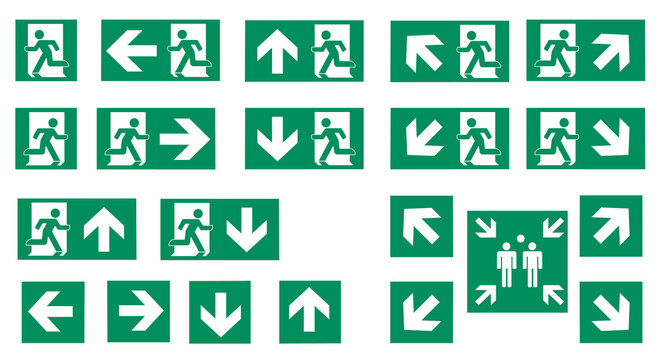 Emergency Exit Signs and Assembly Point Directional Symbols Vector Set