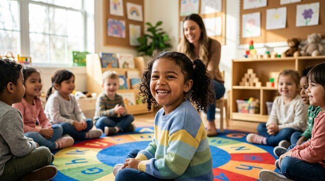 Happy preschool girl sitting in circle on alphabet rug with teacher and classmates in cozy kindergarten classroom, back to school autumn season.