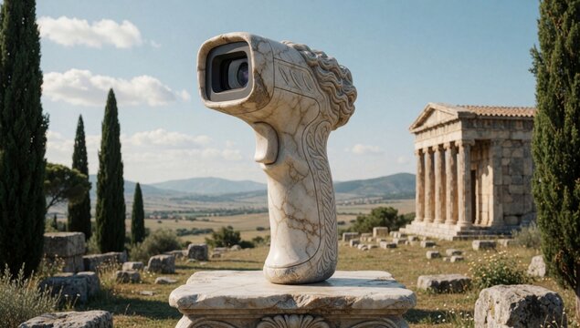 Statue hand holding camera standing pedestal archaeological site made stone has intricate carvings body head p