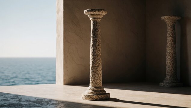 Tall stone columns standing tiled floor room ocean slender pointed top flat base appear old weathered visible