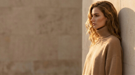 Fototapeta premium Young woman in beige turtleneck sweater leaning against wall in side profile. Warm sunlight on neutral background with copy space. Fashion, beauty and minimalist lifestyle concept