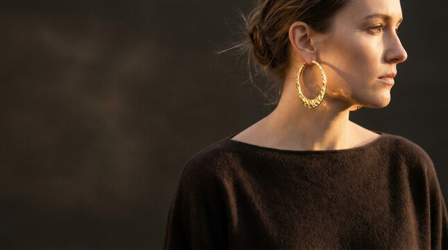 Woman in profile wearing large gold hoop earring and brown knit sweater. Elegant jewelry fashion portrait in warm sunlight. Accessories concept for fashion store advertisement