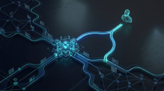This scene depicts a digital concept of AI governance related to content moderation systems and network interactions.