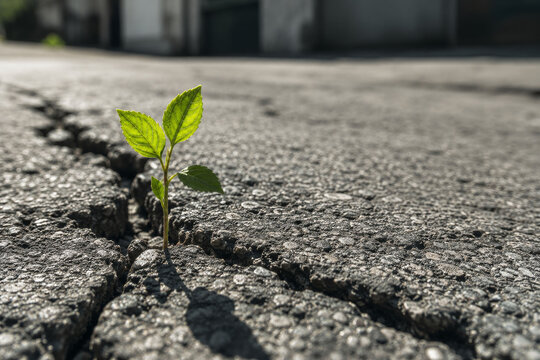 Green Sprout Breaking Through Asphalt &ndash; Resilience and New Beginnings