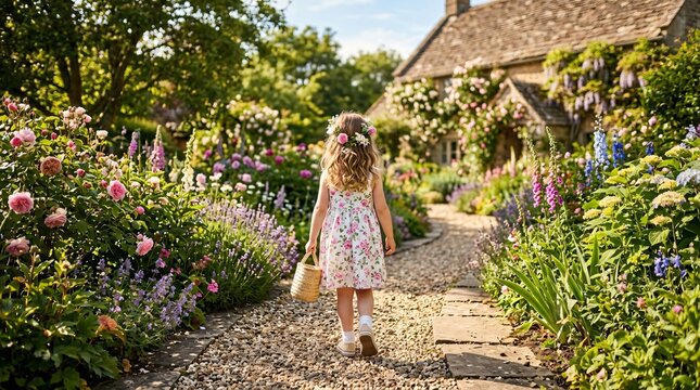 Little girl in floral dress walking down gravel path toward stone cottage in lush blooming English countryside garden.