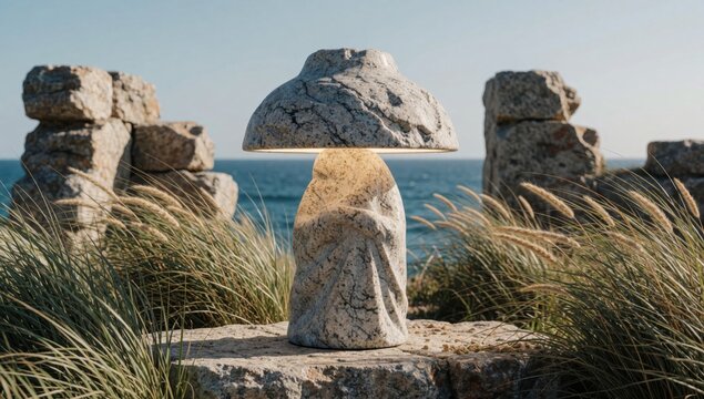 Stone sculpture mushroom rock ocean made light-colored has large round cap pointed top base same decorated int