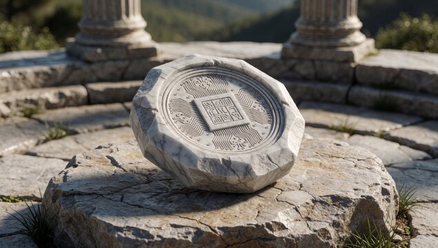 Round stone pedestal circular design placed rocky surface columns background appears made white marble shape h
