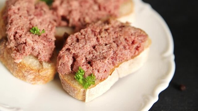 Pate meat sandwich terrine Spam or ham tasty snack or appetizer fresh delicious gourmet food background on the table rustic food top view copy space