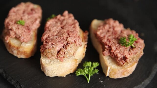 Pate meat sandwich terrine Spam or ham tasty snack or appetizer fresh delicious gourmet food background on the table rustic food top view copy space