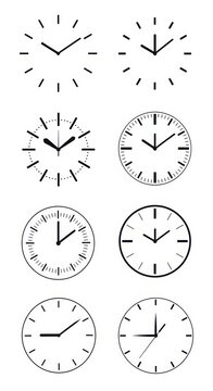Set of black and white minimal clock faces showing various times with schedule deadline watchface