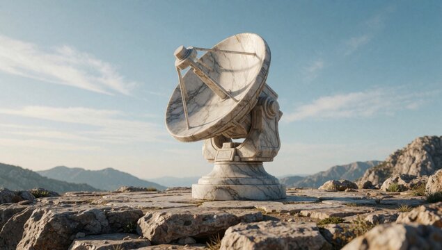 Large satellite dish rocky surface mountains background made white marble mounted pedestal has circular handle