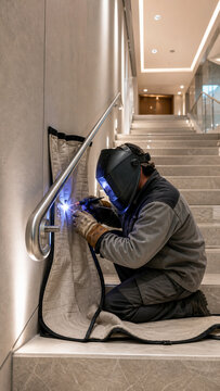 Skilled welder in protective gear repairs a stainless steel handrail beside a modern indoor staircase.