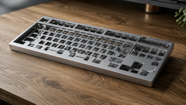 Empty custom mechanical keyboard case made of silver aluminum resting on wooden desk table. Concept of keyboard kit, silver metal, computer hardware, diy keyboard. Copy space.