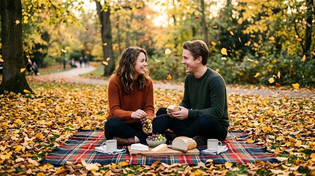 Happy young couple having a romantic autumn picnic in a golden park