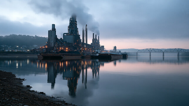 Industrial Factory Emitting Smoke Along River at Dawn