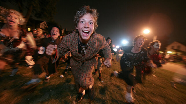 Excited Teenagers in Costumes Running at Night on Halloween