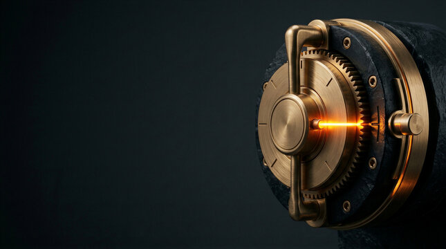 Golden combination lock mechanism on bank vault door with glowing keyhole on dark background. Safe deposit security and financial protection concept with copy space