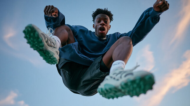 Young Man Jumping High in Mid Air Against Sky