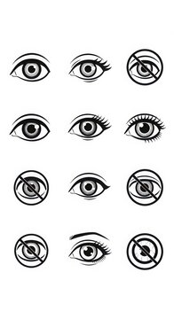 Collection of human eye icons featuring varied expressions and forbidden signs for vision awareness