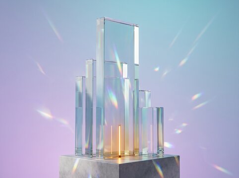 Clear glass rectangular prisms standing on marble platform with soft rainbow light reflections and glow