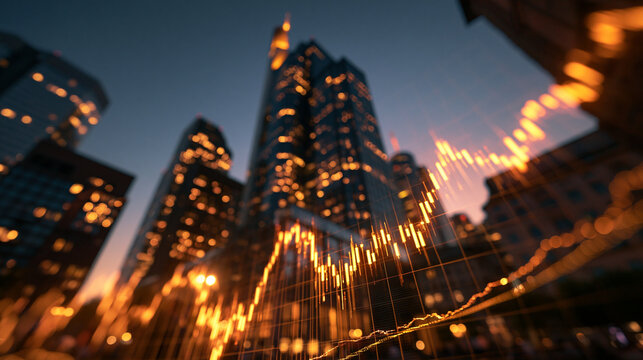 Financial Stock Market Chart Overlay on Modern City Skyline