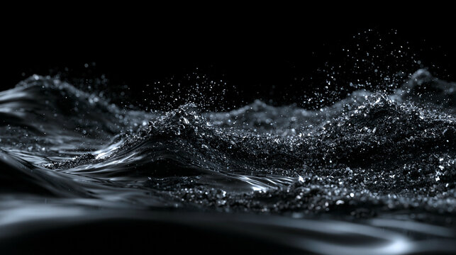 Dark Water Splash and Droplets on Black Background