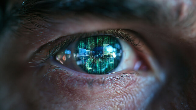 Close Up of Eye Reflecting Computer Code and Data
