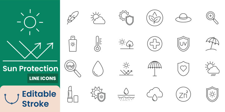 Sun protection and skincare line icons set with UV block, SPF sunscreen, and dermatology outline symbols