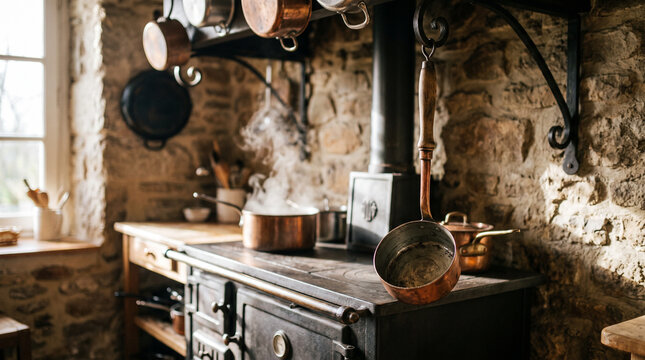 Vintage Ladle Hanging Above Old Stove in Rustic Country Kitchen Interior with Copper Cookware.