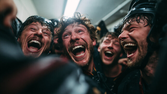 Excited Hockey Players Celebrating Victory in Locker Room